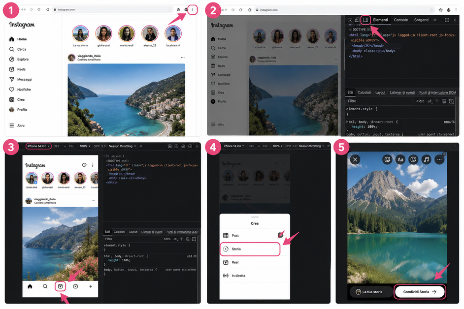 condividere una storia su Instagram da PC usando la modalità dispositivo del browser