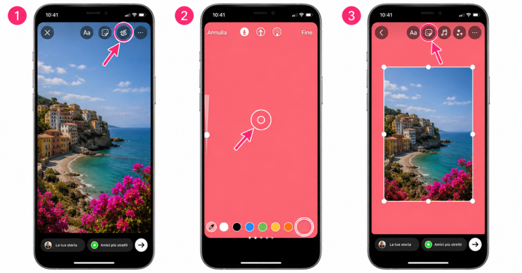 Come mettere uno sfondo colorato alla storia Instagram usando lo strumento Disegna e i colori disponibili